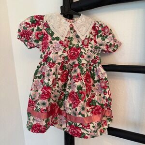 Vintage Ladybird Floral Dress 2-3 Years Girls White Pink Cottagecore Ribbon Trim